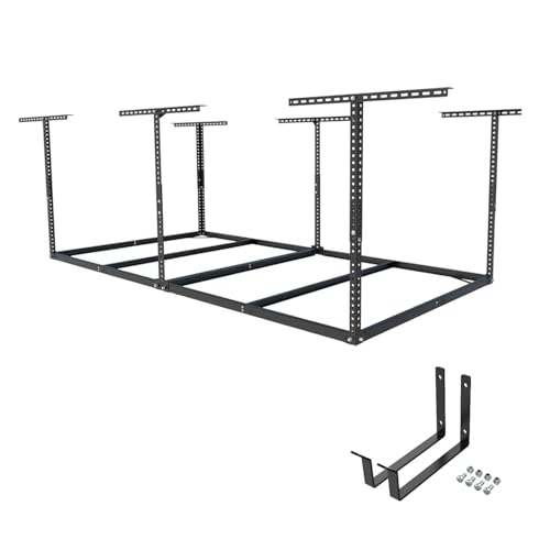 FLEXIMOUNTS 4x8 Overhead Garage Storage Rack without Decking,plus 2-Pack Add-On Storage Utility Hook Accessory,600lbs Weight Capacity,Black