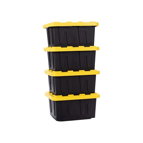Plastic 5-Gallon Storage Tote with Lockable Lid, Stackable Tough Regular-Duty Bin for Garage, Tools, and Home Organization (4-Pack) - Black and Yellow