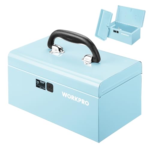 WORKPRO 10.8" Portable Mini Metal Tool Box with Removable Color-Matching Tray, One-Button Latch Toolbox, Steel Tool Chest with PP Handle, Compact Storage Organizer for Home, Office or Workshop