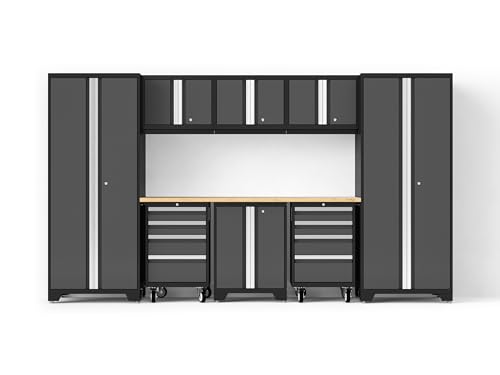 NewAge Products Bold XL Series Gray 9 Piece Garage Cabinets Set with Tool, Base, Wall Cabinets, Bamboo Worktop and 30 in. Lockers, Heavy Duty Steel Garage Storage System, 64008