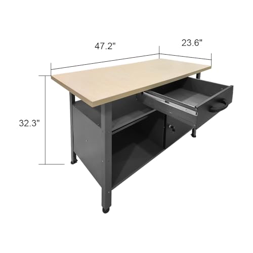 JZD Metal Workshop Durable Cabinet Combo Set, Wooden Top Workbench Set Garage Storage Organizer System