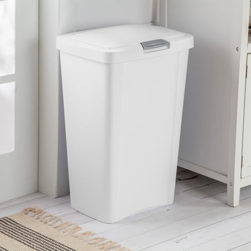 Sterilite 13 Gallon TouchTop Wastebasket Trash Can Garbage Recycle Bin with Titanium Latch for Kitchen, Garage, Basement, or Office, White (8 Pack)