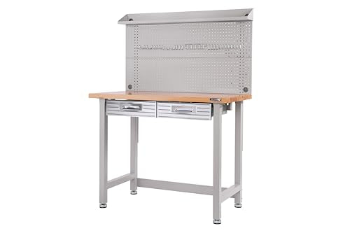 Seville Classics LED Lighted Pegboard Workcenter with 23 Peg Hook Assortment and Drawer Table, 48", Granite Gray