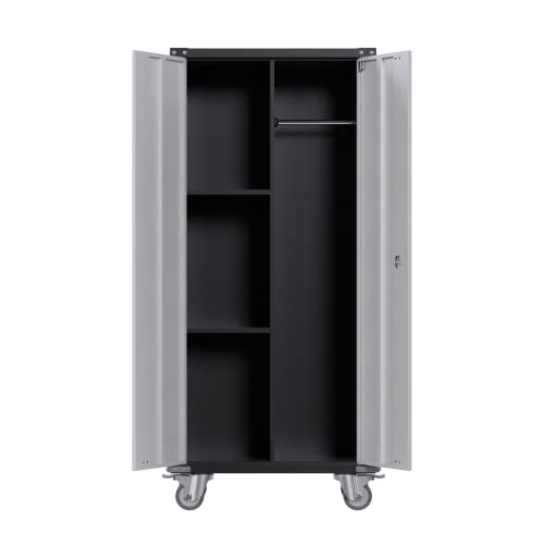 GarveeHome Metal Locker Storage Cabinet with Wheels 71" H with Doors and 2 Shelves Adjustable 4 Adjustable Feet for Home, Garage, Office, Shop