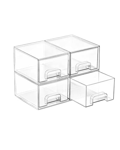 Vtopmart 4 Pack Small Clear Stackable Storage Drawers,Acrylic Bathroom Makeup Organizer,Plastic Storage Bins for Vanity, Undersink, Kitchen Cabinets, Pantry, Home Organization