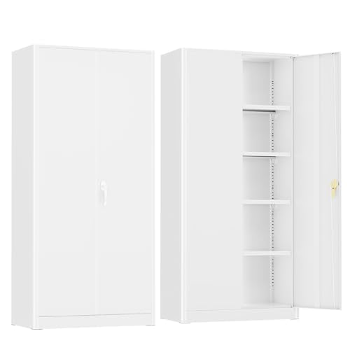 Crownland 72" Lockable Metal Storage Cabinet, Garage Storage Cabinets, High Office Cabinet with Adjustable Shelves for Garage, Home Office,Pantry, File(White)