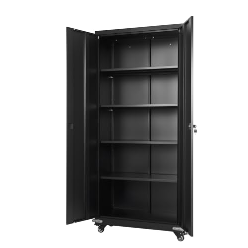 VEVOR Metal Storage Cabinet, 72.6 in Rolling Steel Garage Cabinet with 4 Adjustable Shelves, 2 Magnetic Doors & 2 Keys, 5 Tiers Lockable Tool Storage for Pantry, Warehouse, Basement, Office, Black