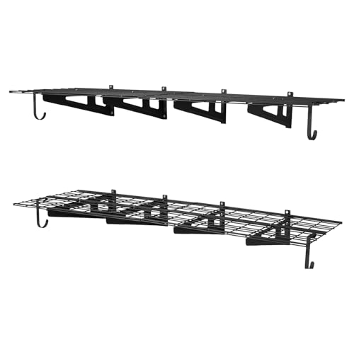 VEVOR 2-Pack Heavy Duty Garage Wall Shelving, 2 x 6 ft Steel Wall Mounted Shelving Unit with Hooks, 24 x 72 Inch Per Shelf Floating Storage Metal Rack, 1000 lbs Total Weight Capacity