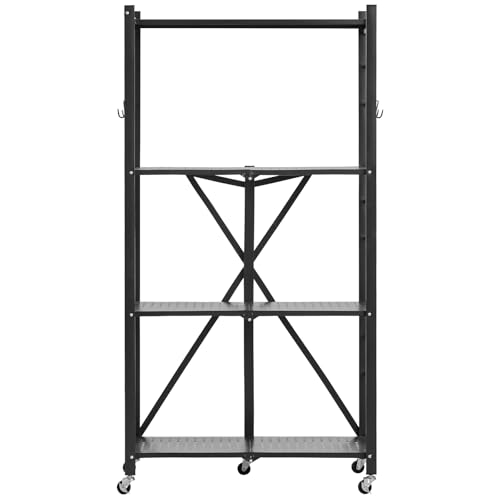 VEVOR 4-Tier Foldable Storage Shelf, 28W x 13D x 54H Inch Folding Metal Rack Shelving Unit, No Assembly Organizer Shelf with 5 Wheels & 4 Hooks for Pantry, Kitchen, Garage, Basement, Black