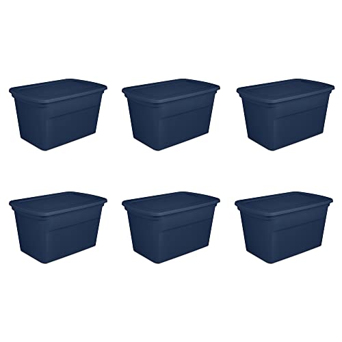 Sterilite Lidded Stackable 30 Gallon Storage Tote Container with Handles and Indented Lid for Efficient, Space Saving Household Storage, Marine Blue
