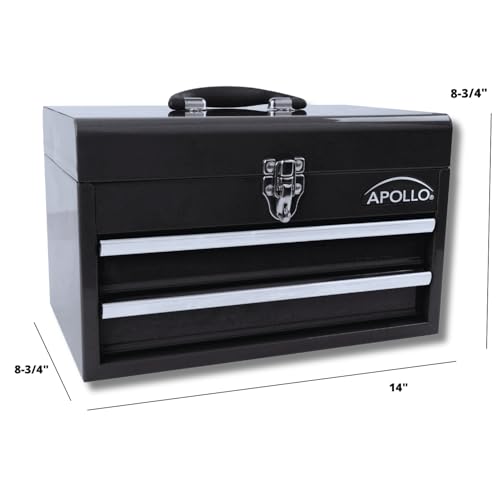 Apollo Tools 14 Inch Steel Tool Box with Deep Top Compartment and 2 Drawers in Heavy-Duty Steel With Ball Bearing Opening and Powder Coated Finish Black
