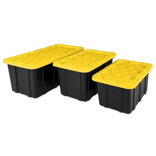 Sterilite 17 Gal Industrial Tote, Stackable Storage Bin with Snap-Fit Lid for Garage, Basement & Attic Storage, Black Base and Yellow Lily Lid, 6-Pack