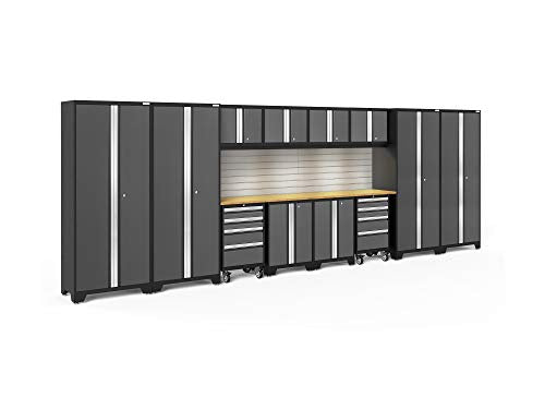 ‎‎‎‎‎NewAge Products Garage Cabinet Bold Series 14 PC Set Gray (2X 48 Bamboo Worktops, 2 Tool Drawer Cabinets, Wall Cabinets, LED Lights, Two-Door Base Cabinets, Multi-Use Lockers, Backsplash), 56136