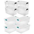 Sterilite Storage System Solution with 106 Quart Clear Latching Storage Tote, 4 Pack and 66 Quart Plastic Stackable Storage Tote, 4 Pack