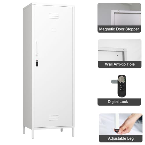 Steehoom Metal Locker Cabinet with Lock, Lockable Steel File Locker with Door and 3 Adjustable Narrow Storage Cabinet Shelves for Living Room, School, Pantry, Garage, Office (White, H59.06'')