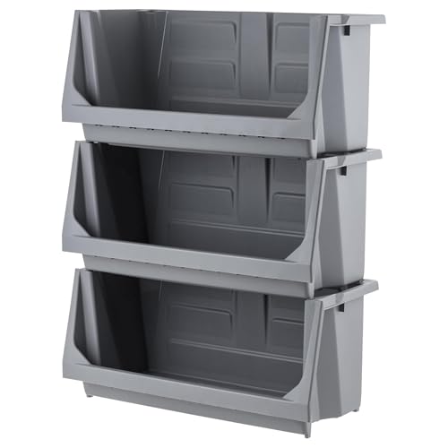 IRIS USA Open Front Storage Bins, Jumbo, Heavy Duty Garage Storage, Stackable Storage Bins, Tools Hardware Hose Household Product Sporting Goods, Interlocked Secure Stacking, 3 Pack, Dark Gray