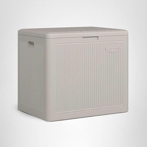 Suncast 22-Gal. Resin Small Outdoor Patio Deck Box with Reeded Design, Modern Outdoor Patio Bench/Storage Box for Cushions, Garden Tools, and More, French Gray