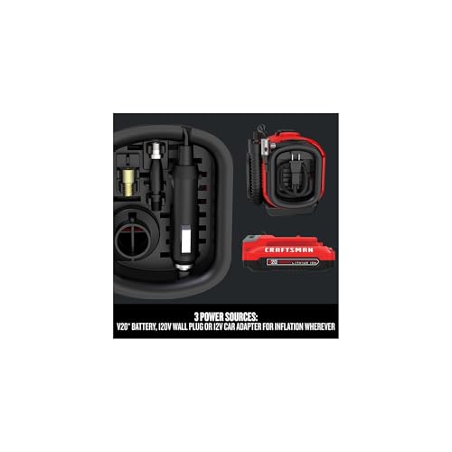 CRAFTSMAN V20 Tire Inflator Portable Air Compressor, Car Air Pump, 3 Modes Tire Pump: Cordless, 120V Corded, and 12V Car Adapter, Battery Sold Separately (CMCE520B)