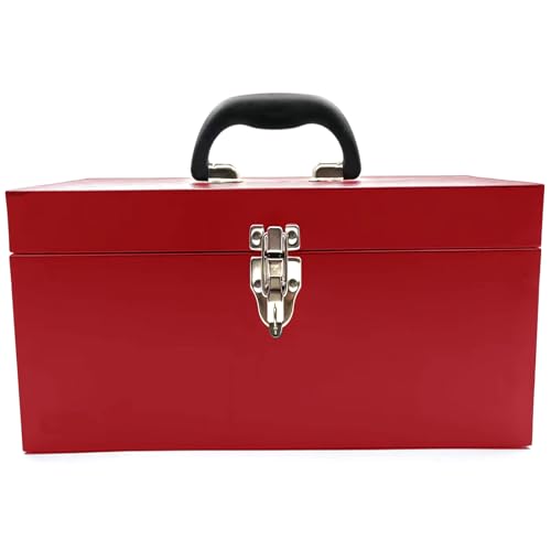 16" Portable Metal Toolbox Large Tool Box 18-Gauge Fishing Tackle Box Stee Tool Box Drawer Organizer With Metal Latch and Handle Red