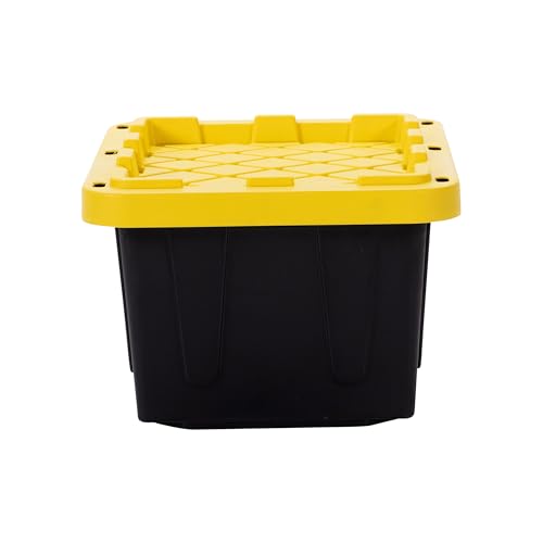 Plastic 5-Gallon Storage Tote with Lockable Lid, Stackable Tough Regular-Duty Bin for Garage, Tools, and Home Organization (4-Pack) - Black and Yellow