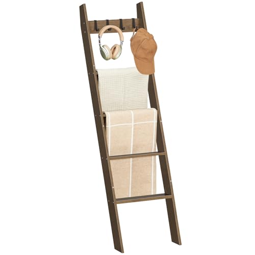 HOOBRO Blanket Ladder for Living Room and Bedroom, 5-Tier Wall Leaning Towel Rack for Bathroom, Decorative Ladder Shelf with 4 Removable Hooks, Farmhouse Blanket Storage, Mocha MA51CJ01G1
