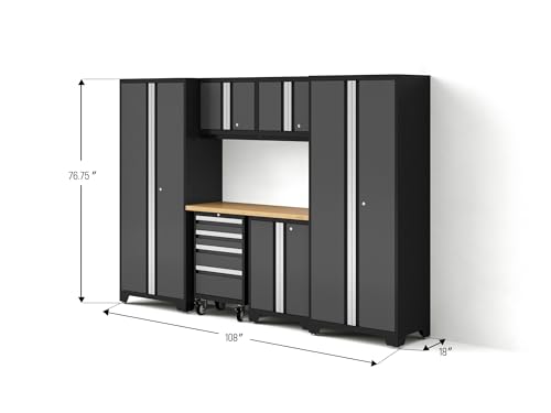 NewAge Products Garage Storage Cabinets Steel Bold Series 7 Piece Sets Includes Bamboo Worktop, Multi-Use lockers, Wall, Base and Rolling Tool Cabinets, Gray, 50421