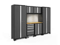 NewAge Products Garage Storage Cabinets Bold Series 7 Piece Sets Includes Worktop, Slatwall Backsplash, LED Lights, Multi-Use lockers, Wall, Base and Rolling Tool Cabinets, Gray, 50418