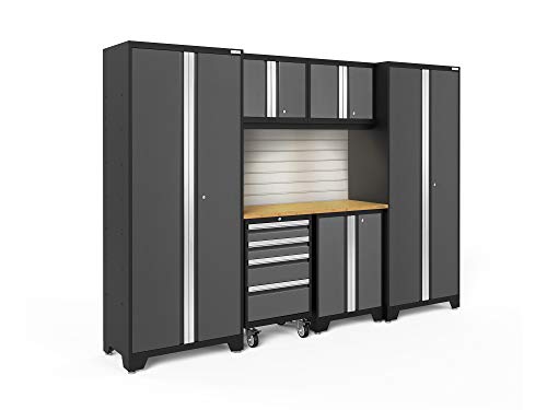 NewAge Products Garage Storage Cabinets Bold Series 7 Piece Sets Includes Worktop, Slatwall Backsplash, LED Lights, Multi-Use lockers, Wall, Base and Rolling Tool Cabinets, Gray, 50418
