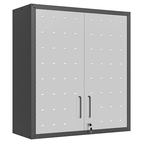 BIZOEIRON Garage Wall Mounted Storage Cabinet with Doors and Shelves, Lockable Metal Wall Cabinet, Hanging Tool Cabinet for Garage Utility Room (Black & Grey)