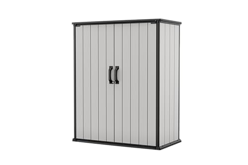 Keter Premier Tall 4.6x5.6 ft Resin Outdoor Storage Shed, Backyard Garden Shed with Shelving Brackets for Tools, Patio Furniture, Pool & Bike Storage, Grey & Black, 62 cu. ft Capacity