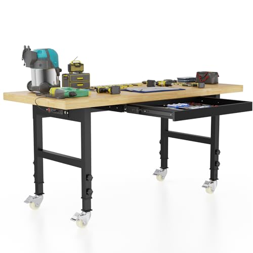 60" Adjustable Workbench with Wheels and Drawer, Solid Wood Rolling Work Bench Table with Power Outlet, Metal Tool Bench Work Bench for Garage, Large Load Capacity Workbench for Workshop,Office,Home