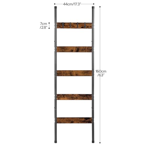 HOOBRO Blanket Ladder, 5-Tier Towel Rack with Hooks, Wall-Leaning Blanket Rack, Decorative Display Ladder Shelf, for Scarves, Industrial, Living Room, Bedroom, Rustic Brown and Black BF52CJ01