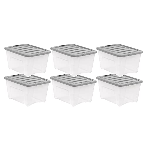 Amazon Basics Plastic Storage Containers with Secure Latching Lids, Stackable Organization Bins, Clear/Grey, 32 Quart, Set of 6