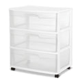 Sterilite Wide 3 Drawer Storage Cart, Plastic Rolling Cart with Wheels to Organize Clothes in Bedroom, Closet, White with Clear Drawers, 3-Pack