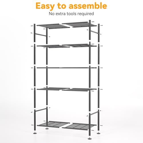 BolDuck 5 Tier Shelf Organizer Rack, Metal Shelving Unit with Adjustable Leveling Feet, Space-Saving Storage Shelves for Garage Closet Laundry Bathroom Kitchen Pantry, 33.07”Wx12.6”Dx72.04”H,Black