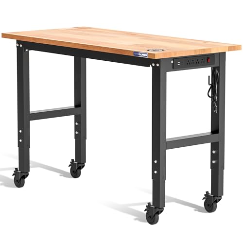 WORKPRO Garage Workbench, 48"X22" Adjustable Workbench with Wheels, Rubber Wood Top Heavy-Duty Workstation with Power Outlets, 1000 LBS Stationary Load Capacity, for Workshop, Garage