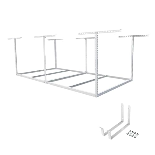 FLEXIMOUNTS 4x8 Overhead Garage Storage Rack without Decking,plus 2-Pack Add-On Storage Utility Hook Accessory,600lbs Weight Capacity, White