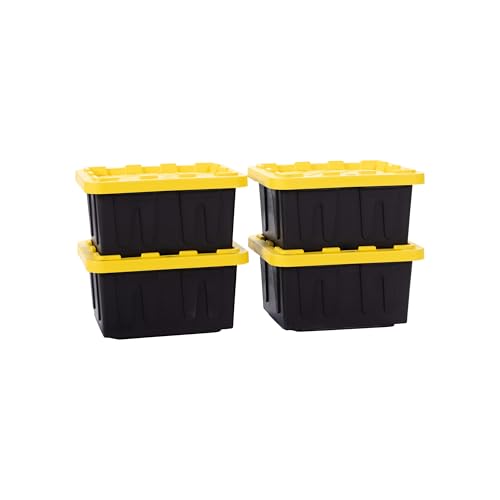 Plastic 5-Gallon Storage Tote with Lockable Lid, Stackable Tough Regular-Duty Bin for Garage, Tools, and Home Organization (4-Pack) - Black and Yellow