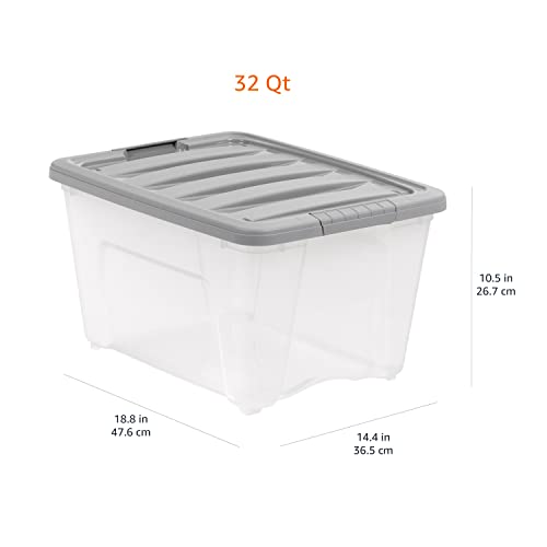 Amazon Basics Plastic Storage Containers with Secure Latching Lids, Stackable Organization Bins, Clear/Grey, 32 Quart, Set of 6