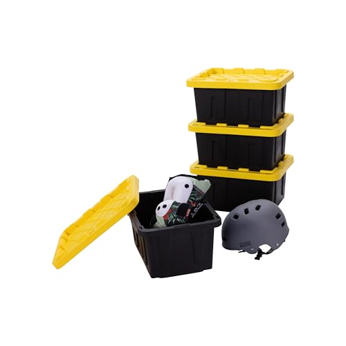 Plastic 5-Gallon Storage Tote with Lockable Lid, Stackable Tough Regular-Duty Bin for Garage, Tools, and Home Organization (4-Pack) - Black and Yellow