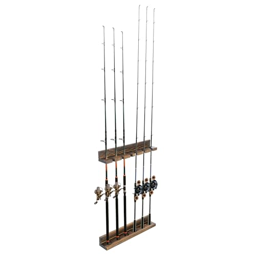 MyGift Fishing Rod Holder, Wall Mounted Burnt Wood Fishing Pole Holders for Garage, Adjustable Vertical Hanging Garage Storage Fisherman Gear Rack Holds 6 Rods, Christmas Gift
