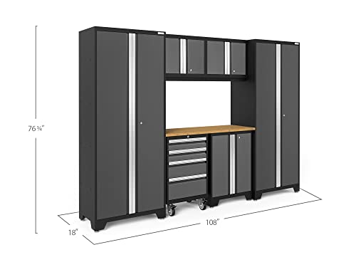 NewAge Products Garage Storage Cabinets Bold Series 7 Piece Sets Includes Worktop, Slatwall Backsplash, LED Lights, Multi-Use lockers, Wall, Base and Rolling Tool Cabinets, Gray, 50418