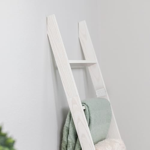 Blanket Ladder for Living Room and Bedroom, 5ft 8 inch, 6-Tier Wall Leaning Laminate Snag Free Construction (White) Rustic Decorative Farmhouse Blanket Storage, Quilt Rack, Ladder Shelf, Easy Assembly