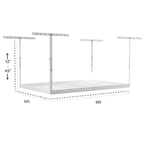 SafeRacks 4x6 Overhead Garage Storage Rack, Heavy Duty Steel Ceiling Mount Storage Shelves with 500 lb Capacity, Adjustable, Garage Overhead Storage, Shelving, Ceiling Racks White (24"-45") 2 Pack