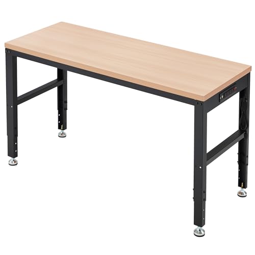 Antifir 60” Adjustable Workbench，Heavy Duty Wood Work Bench 2000 Lbs Load Capacity,Work Table with Power Outlet for Garage, Workshop, Office, Home