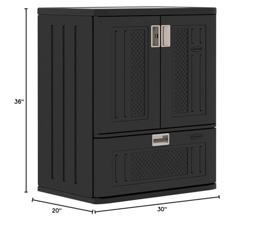 Suncast Base Storage Cabinet with Drawer for Garage Organization - Lockable Single-Drawer Organizer with Shelf for Garden Supplies, Paint Cans & Outdoor Tools, Multi-Wall Resin Construction, Black