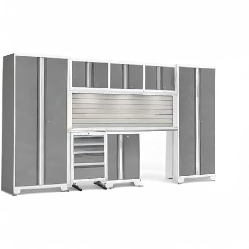 ‎‎‎‎NewAge Products Garage Cabinet Bold Series 8 PC Set White (2X 30 Locker, Rolling Tool Drawer, 2-Door Base, 3 Wall Cabinet, 72" Stainless Steel Worktop, Slatwall Backsplash, LED Lights), 54938