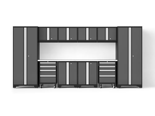 NewAge Products Bold XL Series Gray 12 Piece Garage Cabinets Set with Tool, Base, Wall Cabinets, Stainless Steel Worktop and 30 in. Lockers, Heavy Duty Steel Garage Storage System, 64017