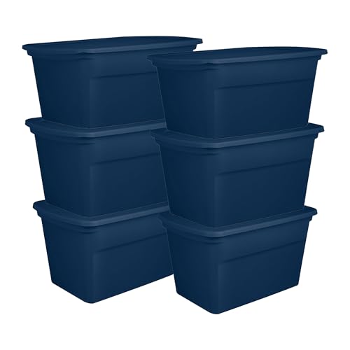 Sterilite 6-Pack Tote, Plastic Storage Bins with Snap Lids, 30 Gallon, Marine Blue - Stackable Home Organizers with In-Molded Handles for Bedroom, Garage, Basement and Attic