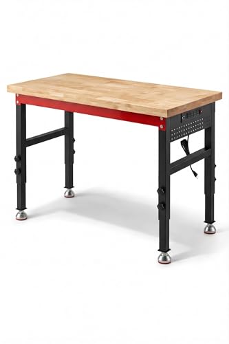 VekMax 48" Heavy Duty Workbench, 2500 LBS Load Capacity Work Bench with 1.2" Laminated Oak Wood Top & Reinforced Steel Frame, Adjustable Height Work Table for Garage, Workshop, Office, Home (Feet)